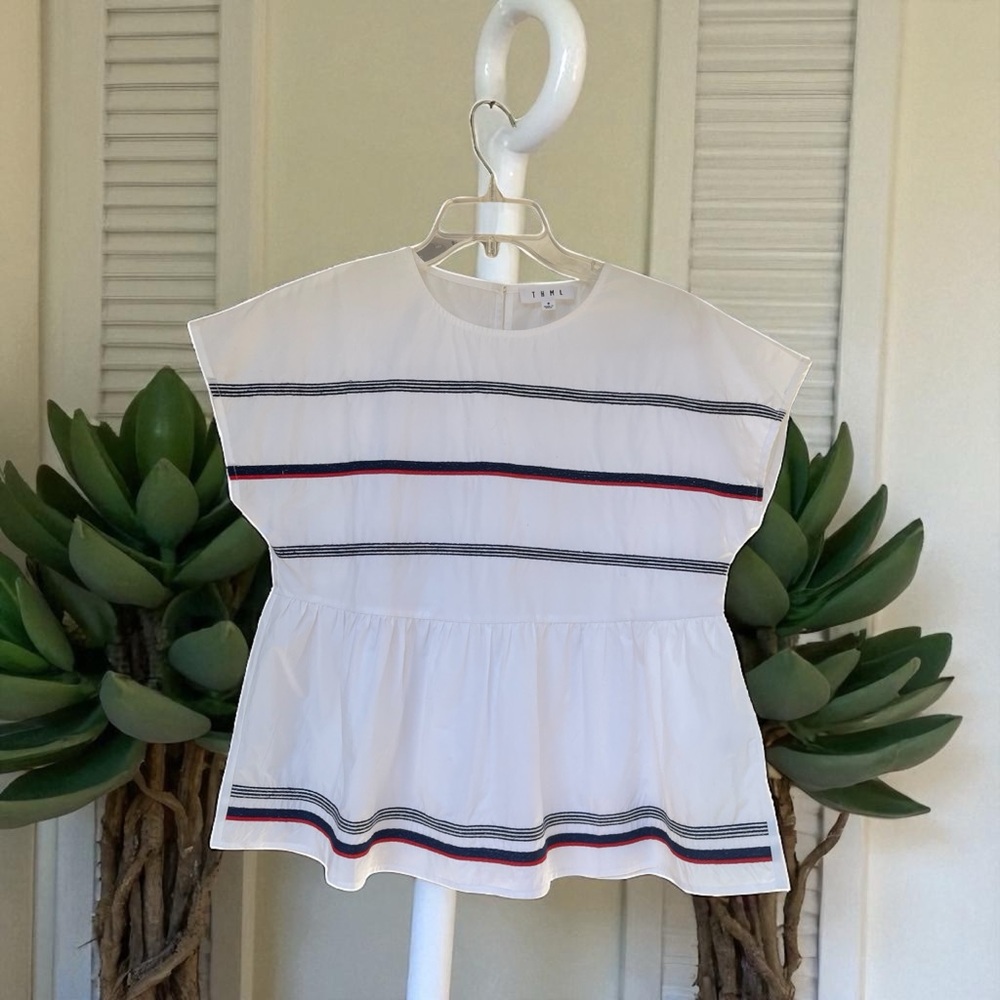Anthropologie Size Small THML White Top with Navy and Red Stripes